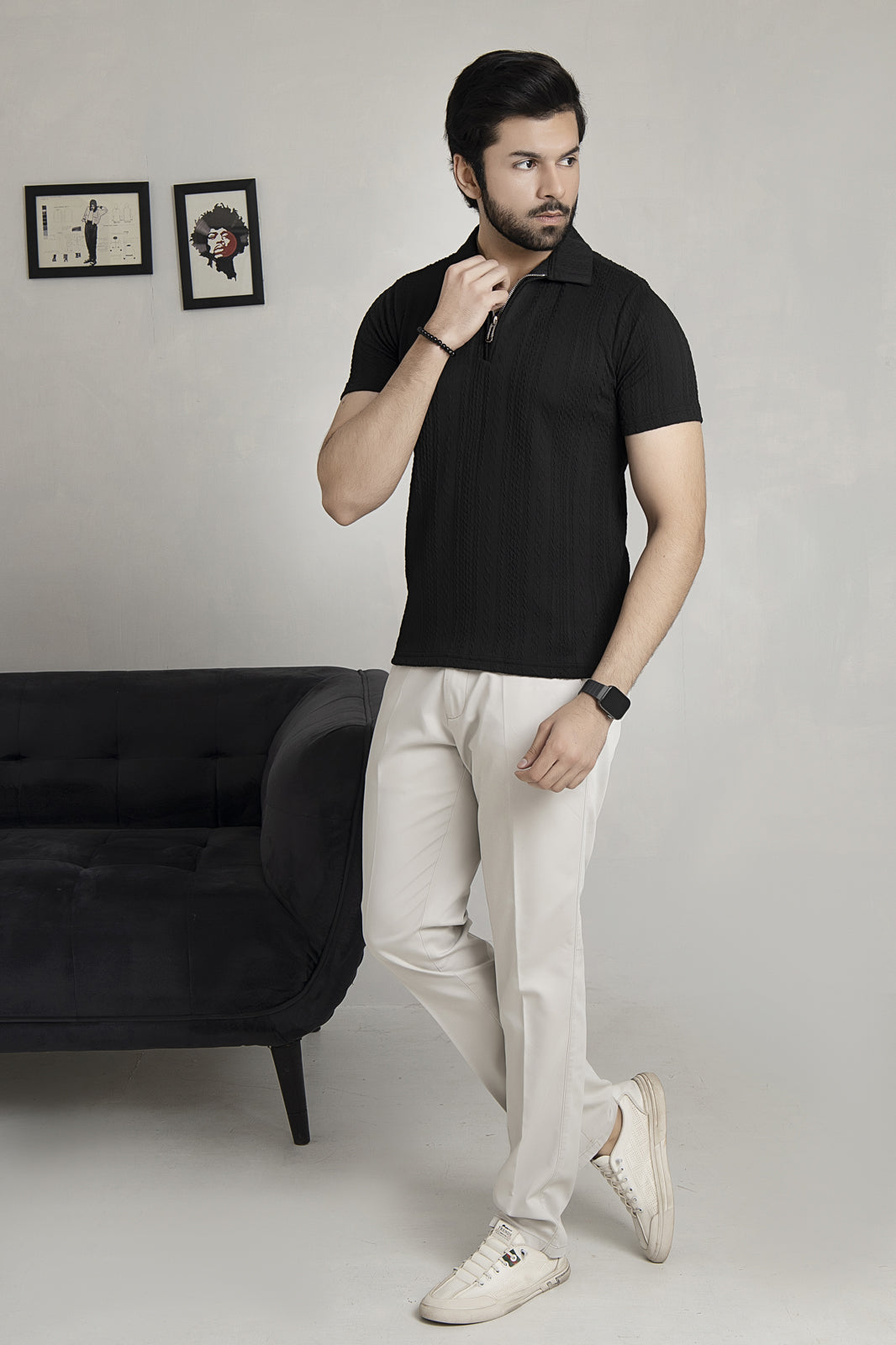 Knitted Black Zipper Polo