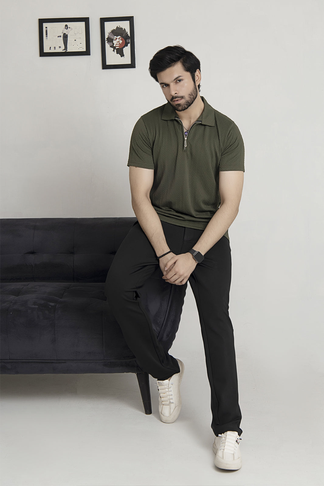 Knitted Olive Green Zipper Polo