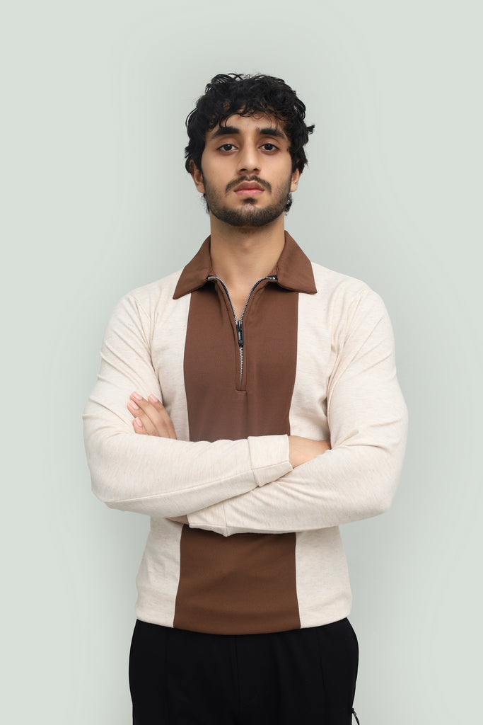 Contrast Zipper Beige & Brown Polo FS