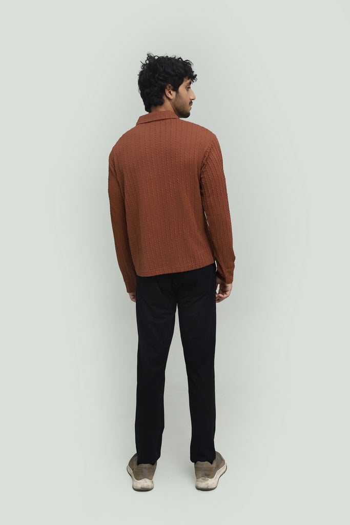 Textured Dark Rosy Brown Zipper Polo FS