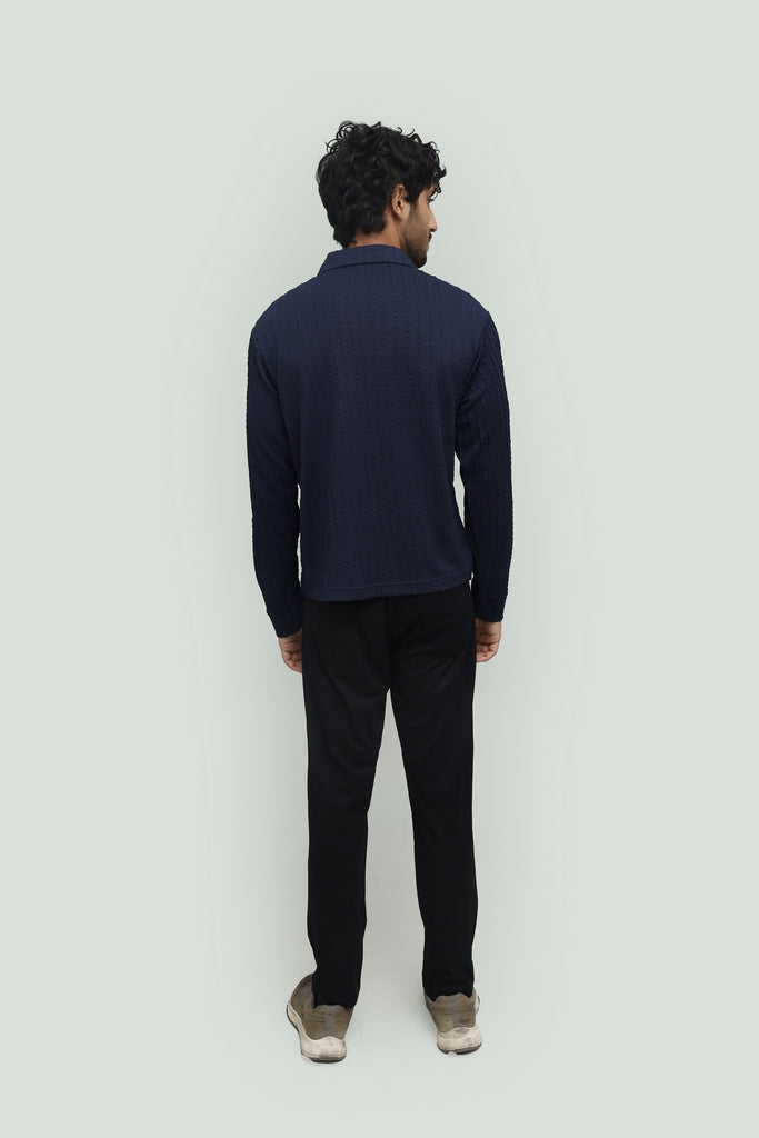 Textured Navy Blue Zipper Polo FS