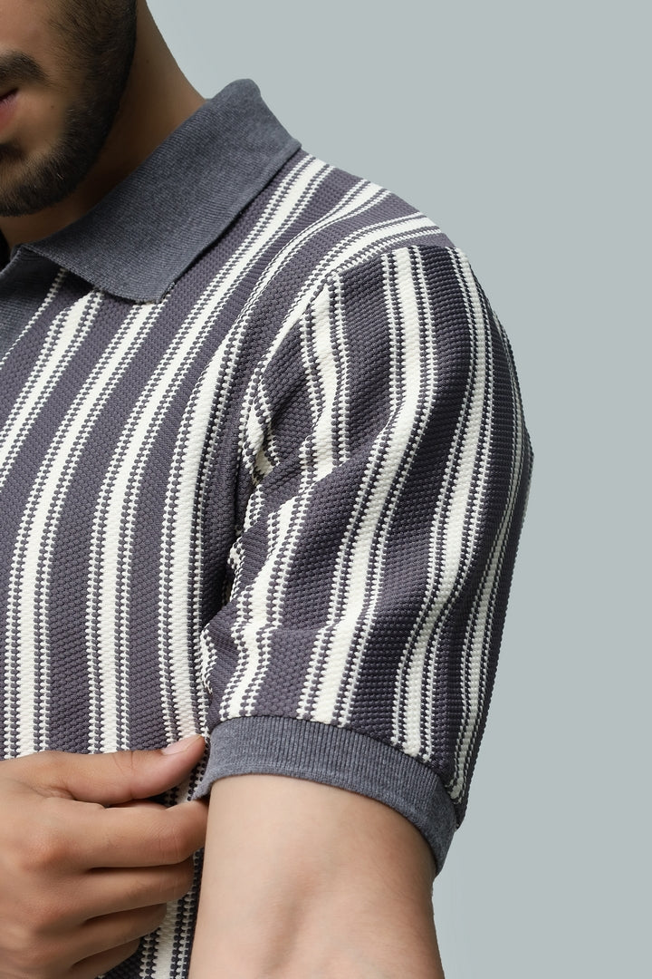 Knitted Gray Stripe Polo