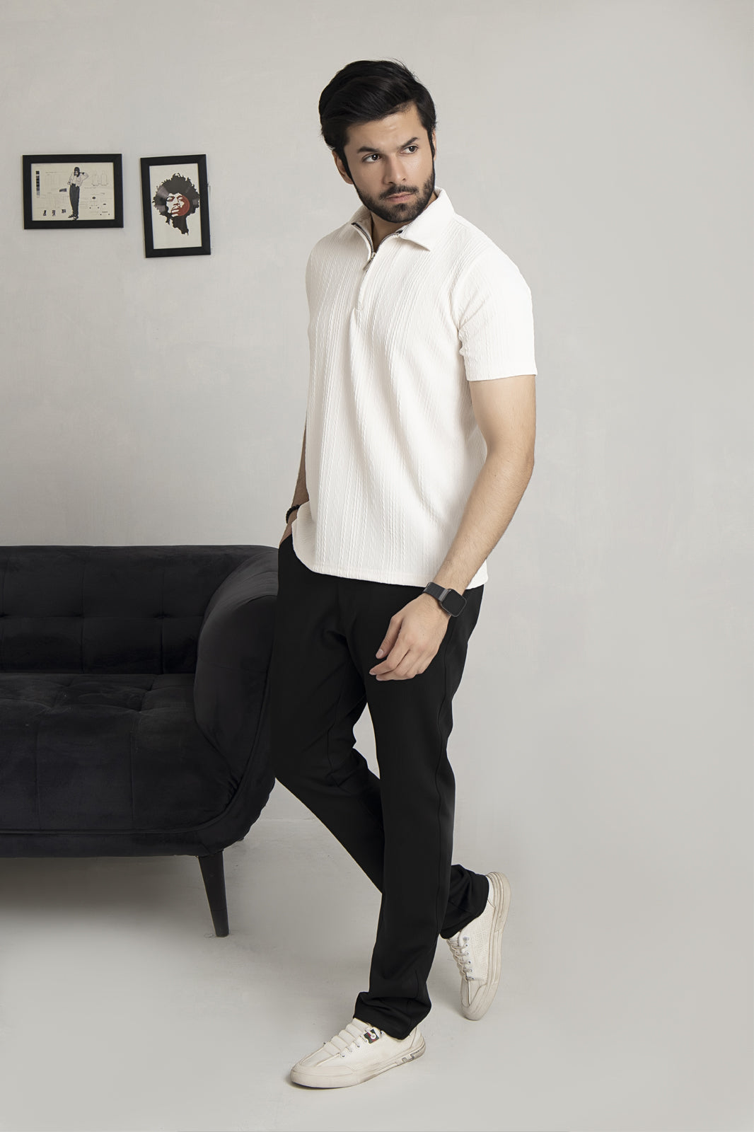 Off White Zipper Polo & Rust Brown Relaxed Fit Trouser