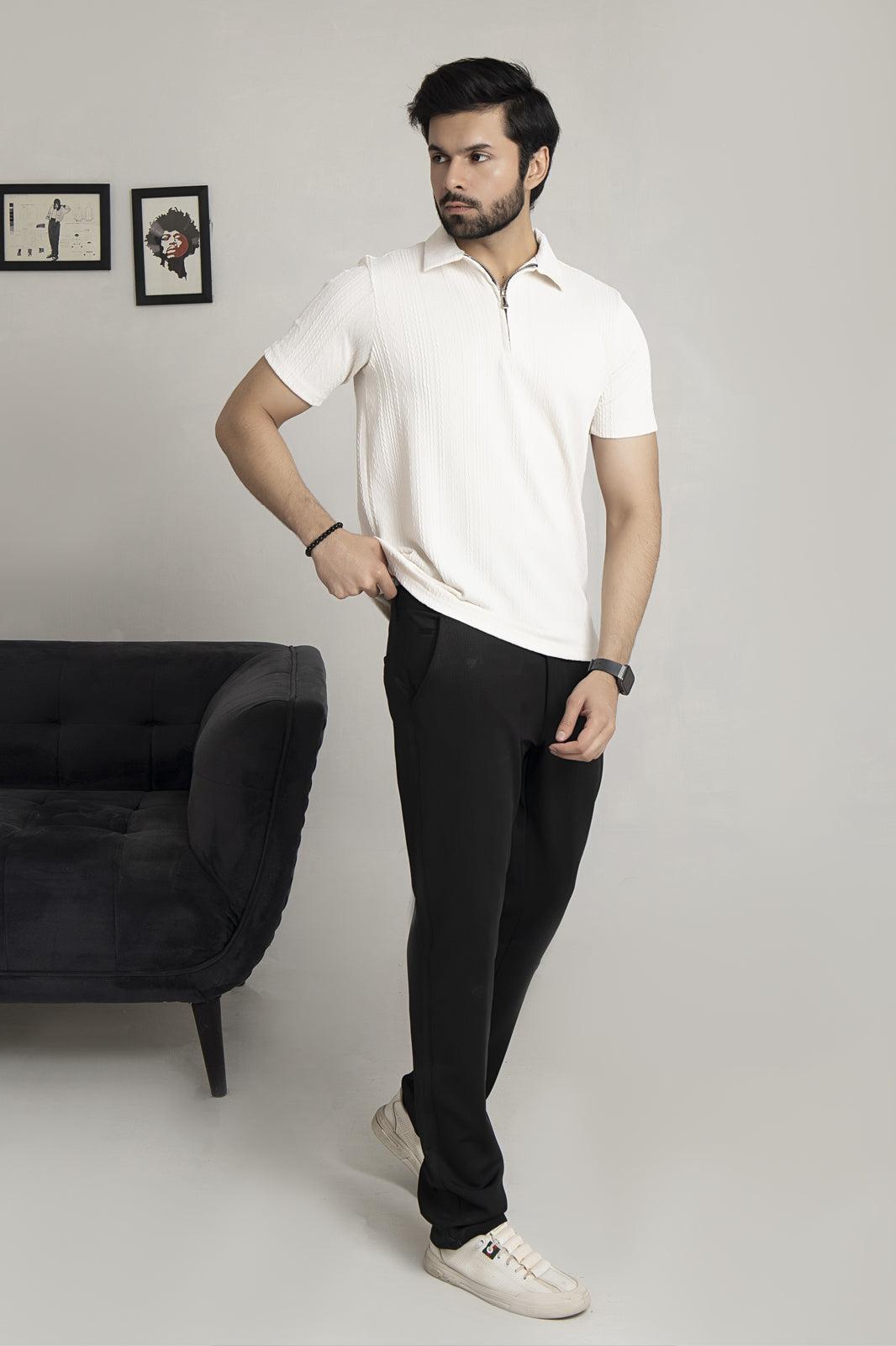 Off White Zipper Polo & Rust Brown Relaxed Fit Trouser