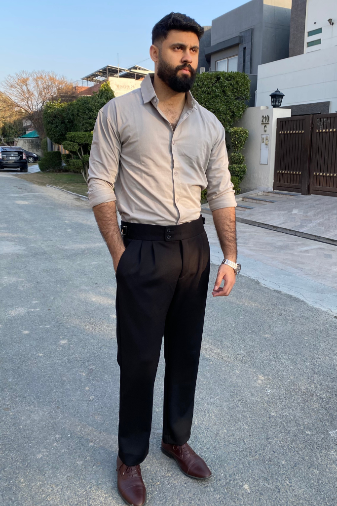 Gray Button-down  & Black Gurkha Pant