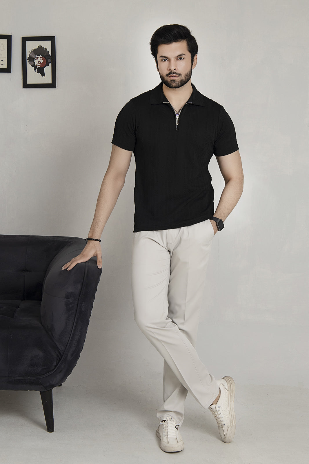 Knitted Black Zipper Polo