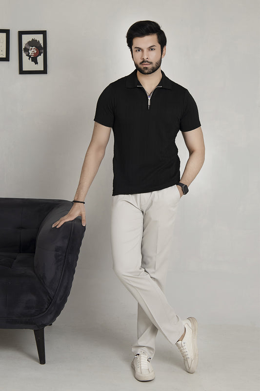 Knitted Black Zipper Polo