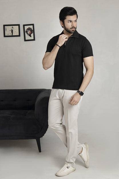 Knitted Black Zipper Polo