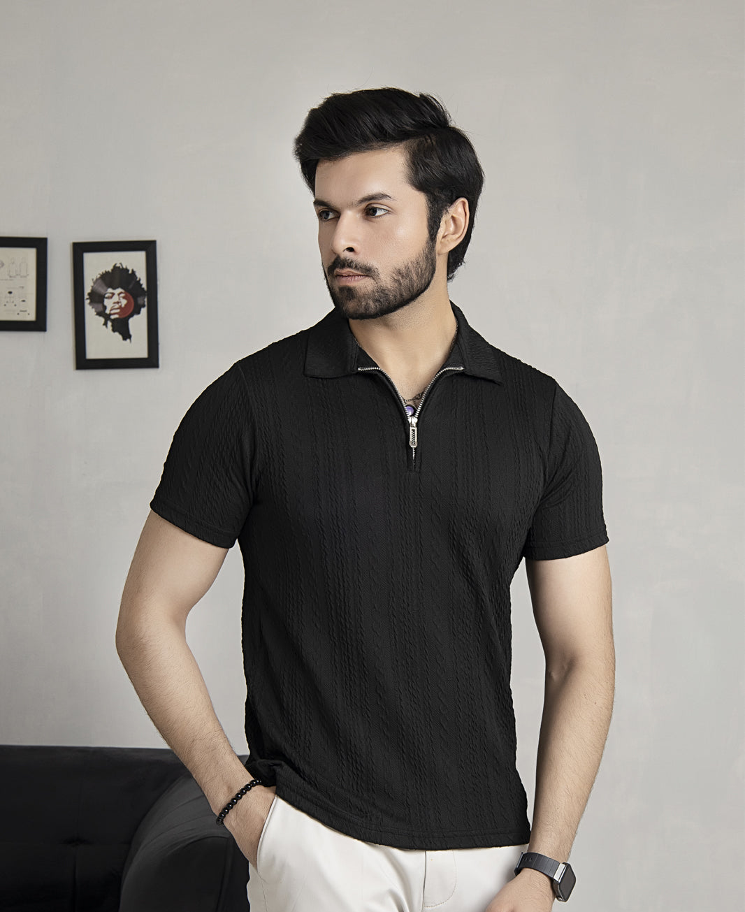 Knitted Black Zipper Polo