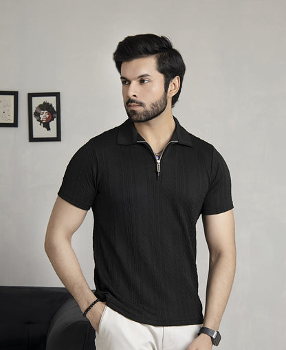 Knitted Black Zipper Polo