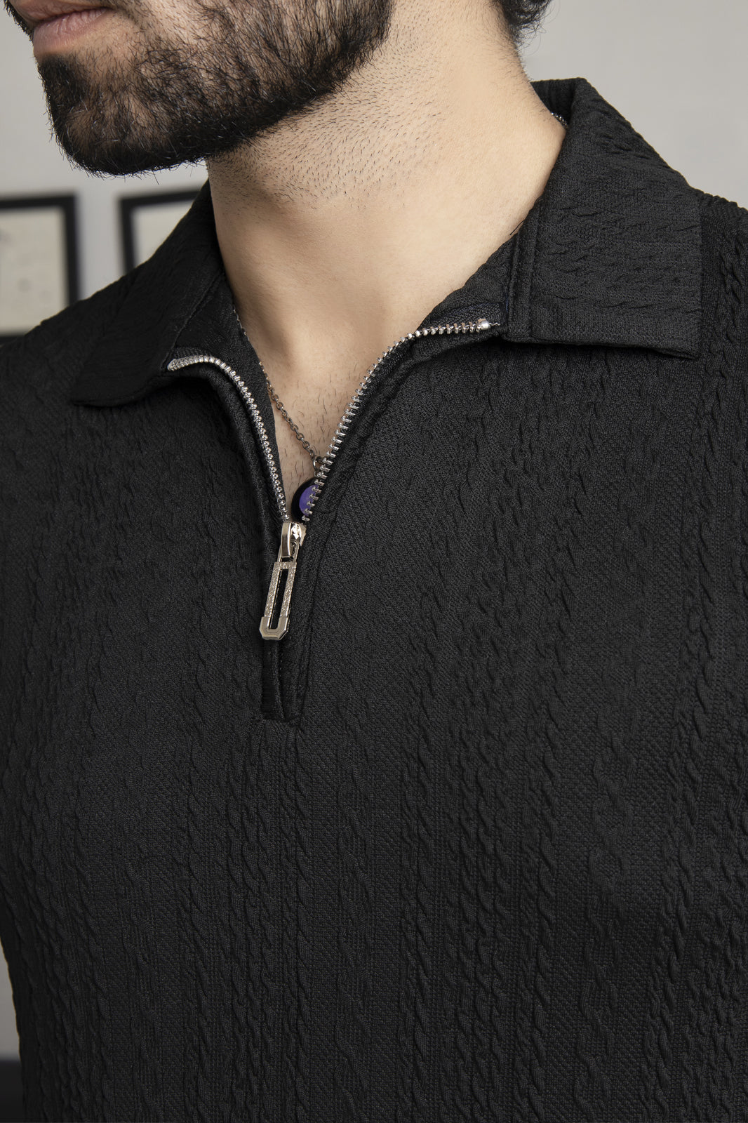 Knitted Black Zipper Polo
