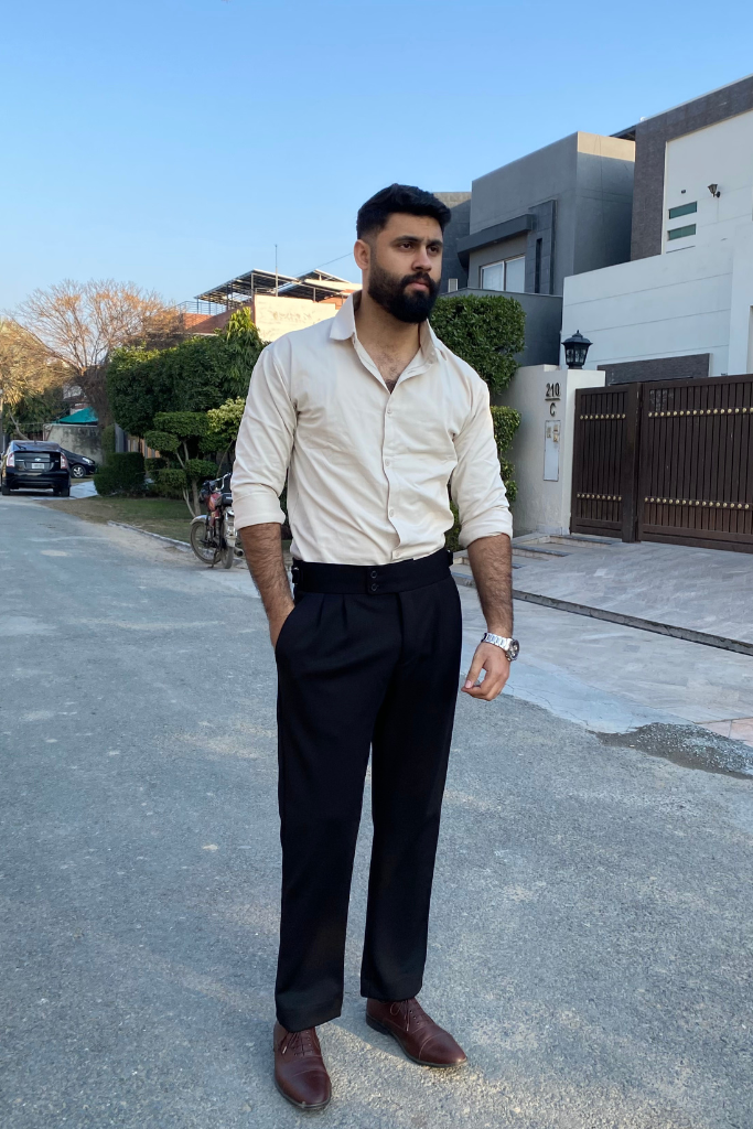 Beige  Button-down  & Black Gurkha Pant