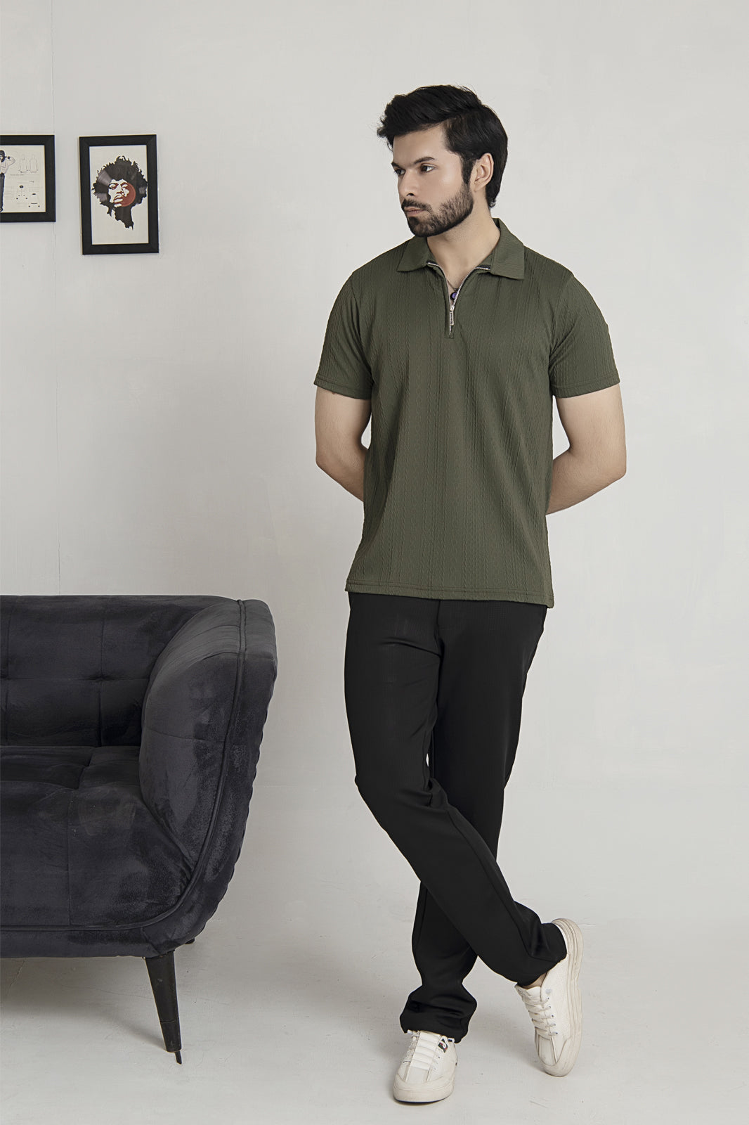 Knitted Olive Green Zipper Polo