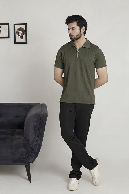 Knitted Olive Green Zipper Polo