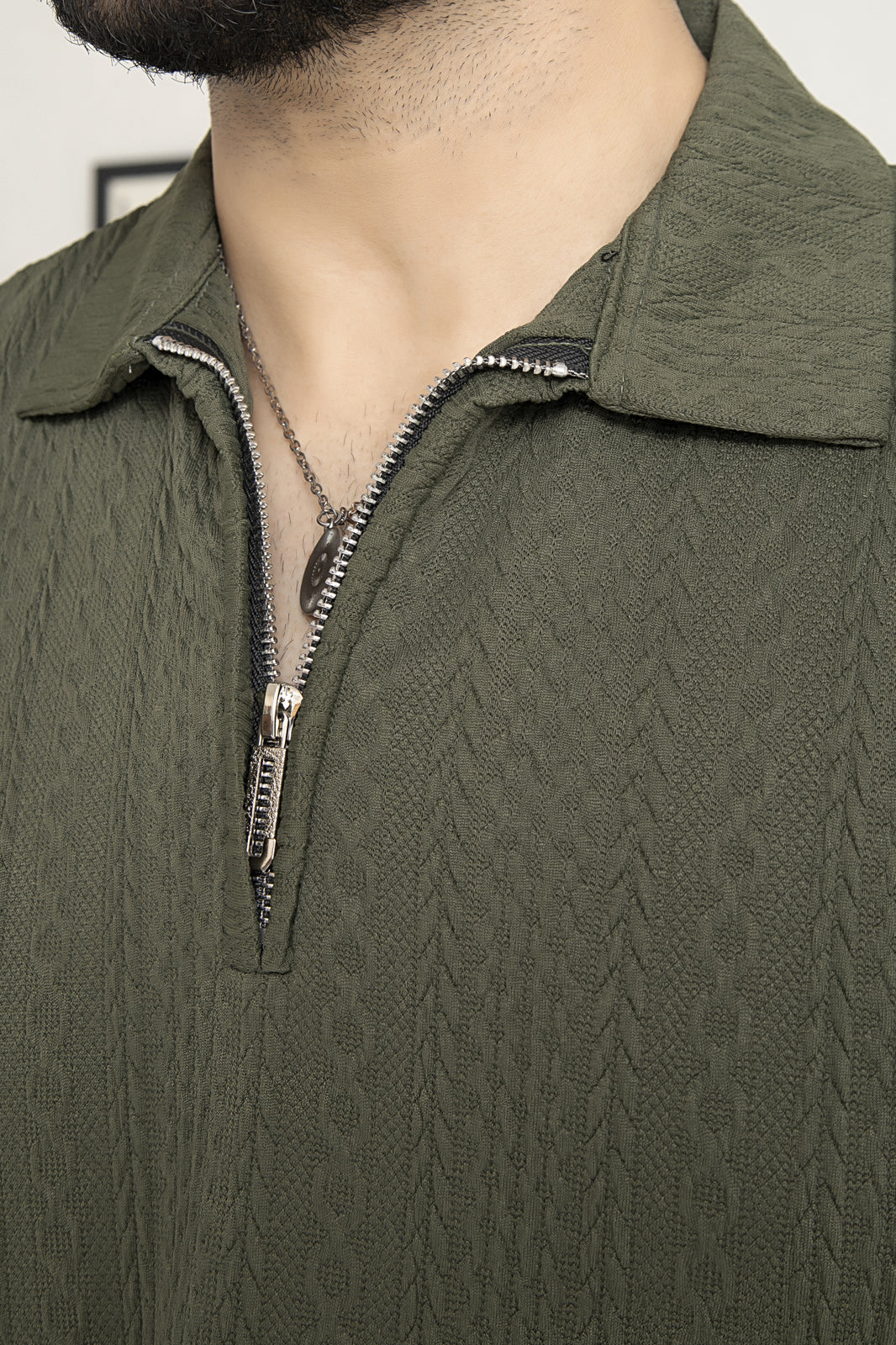 Knitted Olive Green Zipper Polo