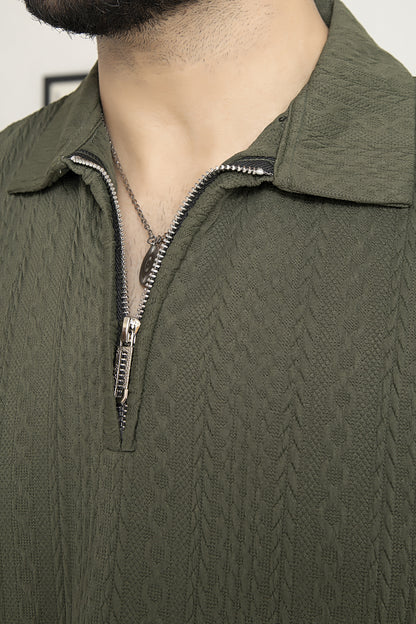 Knitted Olive Green Zipper Polo