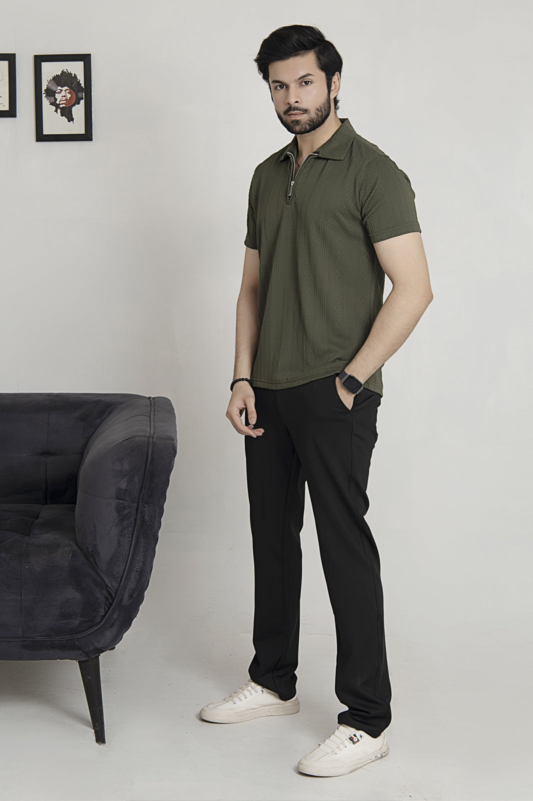 Knitted Olive Green Zipper Polo