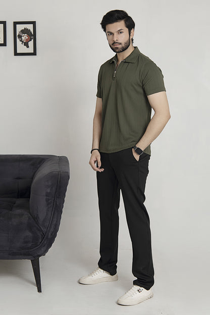 Knitted Olive Green Zipper Polo