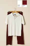 Drop Needle Off-White Polo & Dark Rust Brown Relaxed Fit Trouser