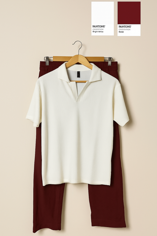 Drop Needle Off-White Polo & Dark Rust Brown Relaxed Fit Trouser