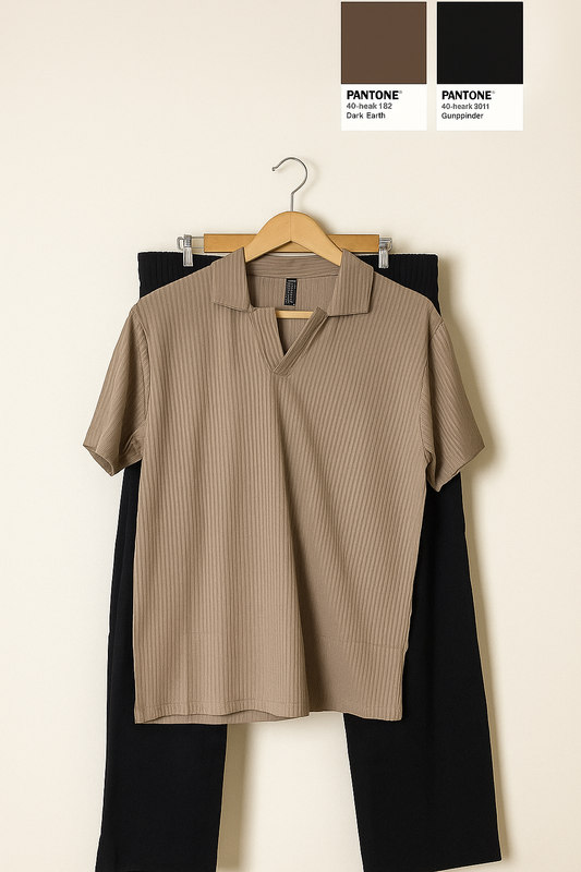 Drop Needle Sandstone Brown Polo & Black Relaxed Fit Trouser