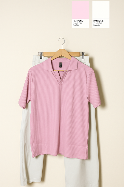 Drop Needle Baby Pink Polo & Light Beige Relaxed Fit Trouser