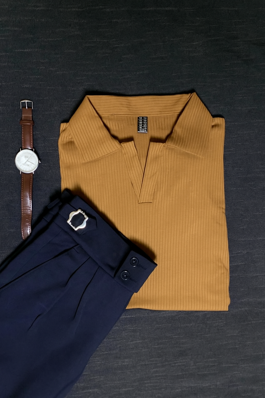 Rust Brown Drop Needle Polo & Black Gurkha Pants