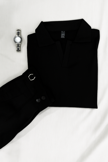 Drop Needle Black Polo & Black Gurkha Pants