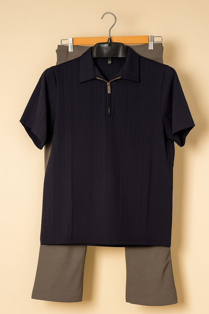Textured Navy Blue Zipper Polo & Dark Gray Gurkha Pants