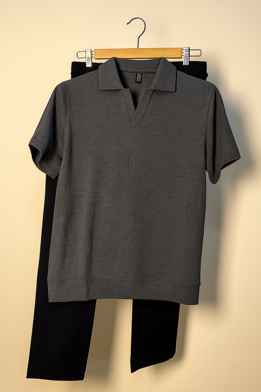 Drop Needle Charcoal Gray Polo & Black Gurkha Pants
