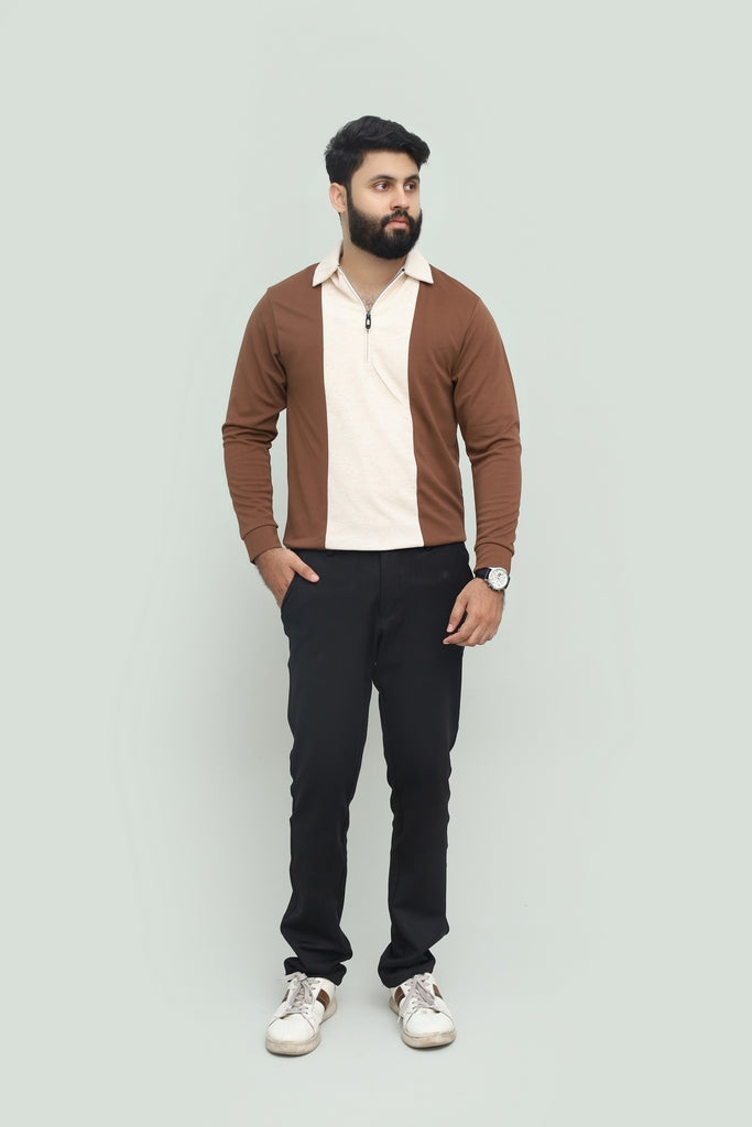 Contrast Zipper Brown & Beige Polo FS
