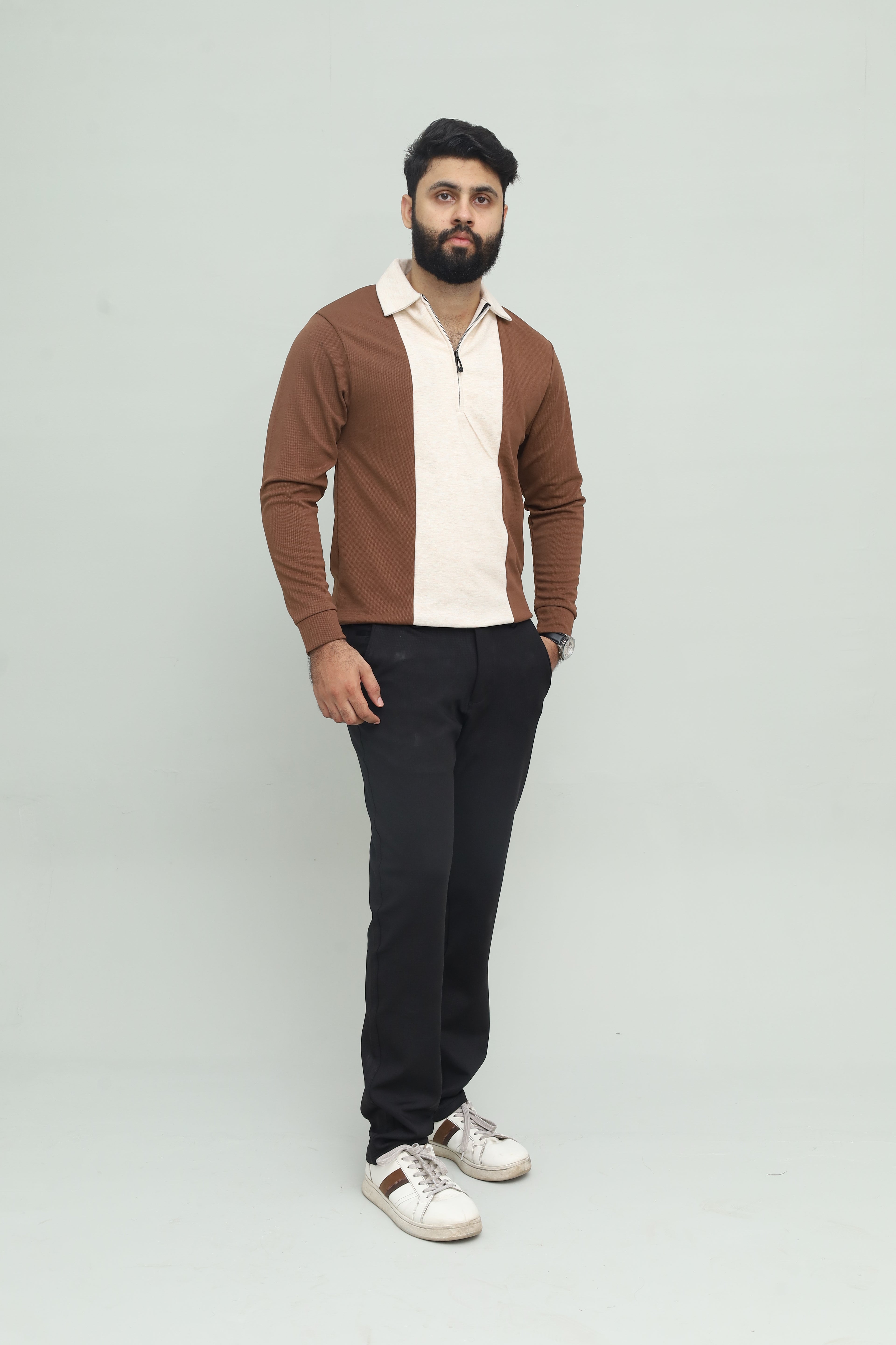 Contrast Zipper Brown & Beige Polo FS