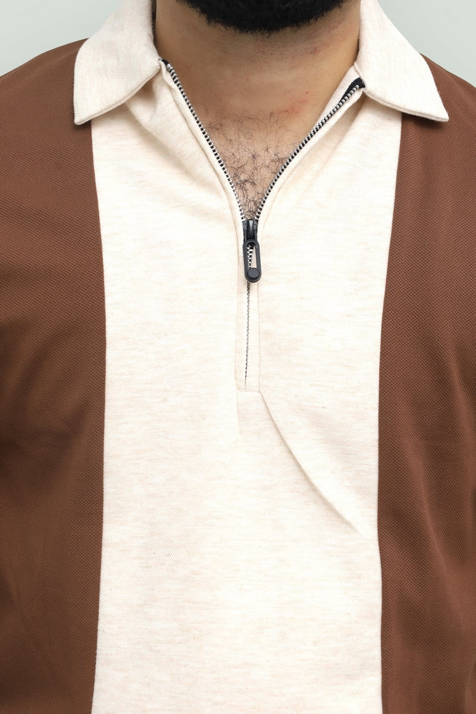 Contrast Zipper Brown & Beige Polo FS