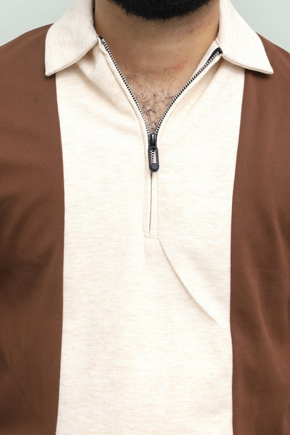 Contrast Zipper Brown & Beige Polo FS