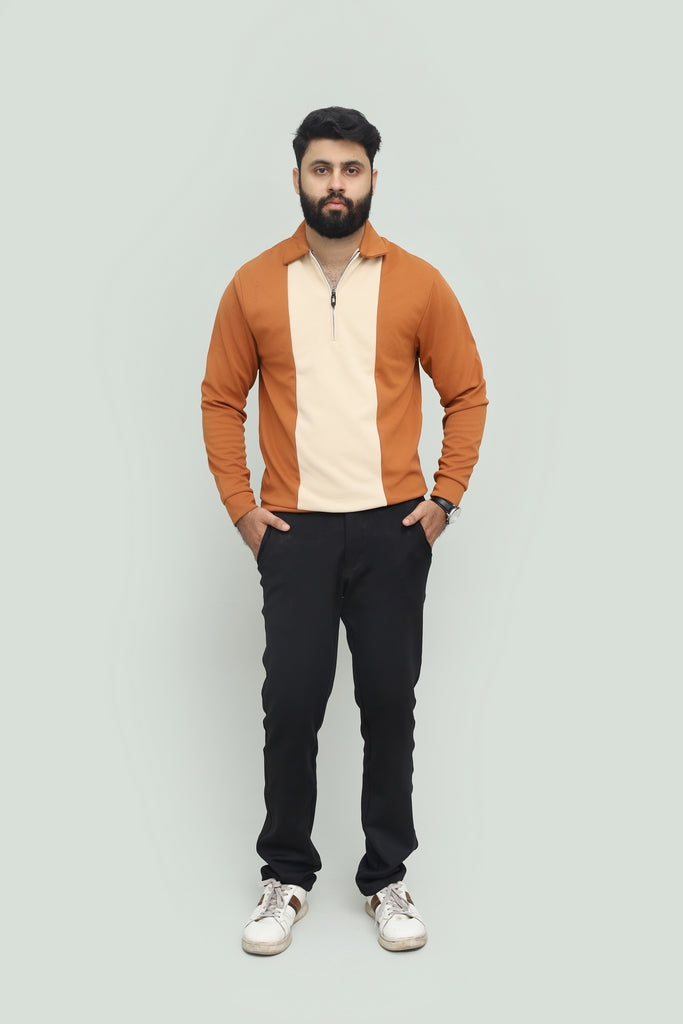 Contrast Zipper Rust Orange & Beige Polo FS
