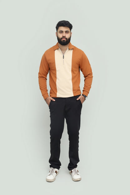 Contrast Zipper Rust Orange & Beige Polo FS