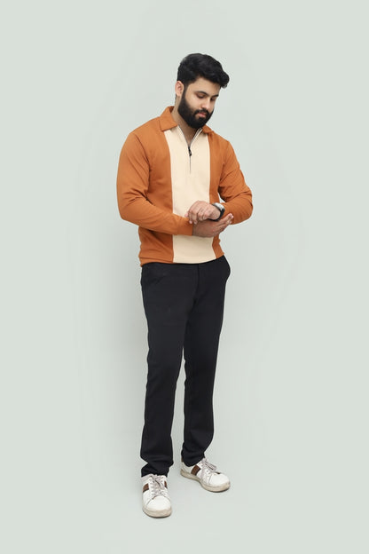 Contrast Zipper Rust Orange & Beige Polo FS