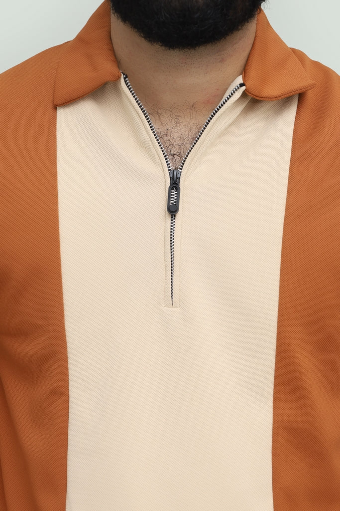 Contrast Zipper Rust Orange & Beige Polo FS