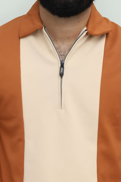 Contrast Zipper Rust Orange & Beige Polo FS