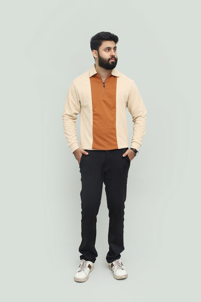 Contrast Zipper Beige & Rust Orange Polo FS