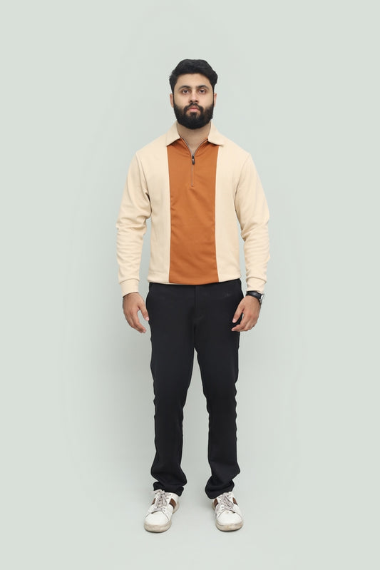 Contrast Zipper Beige & Rust Orange Polo FS