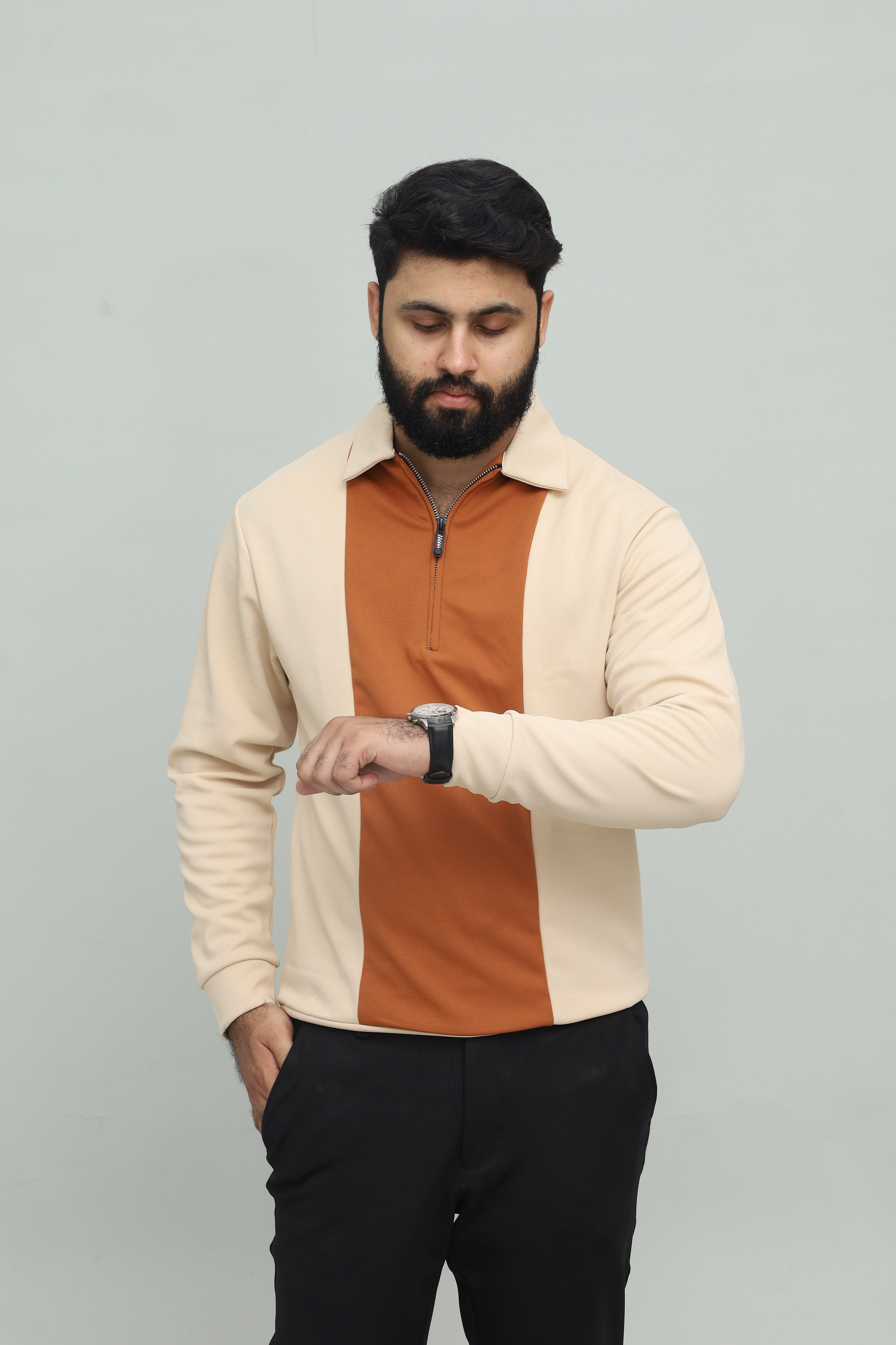 Contrast Zipper Beige & Rust Orange Polo FS