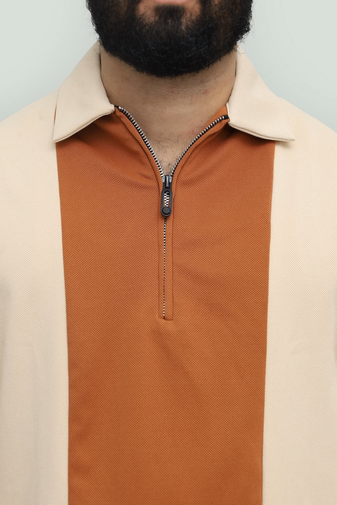 Contrast Zipper Beige & Rust Orange Polo FS