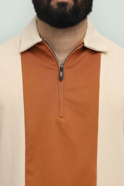 Contrast Zipper Beige & Rust Orange Polo FS
