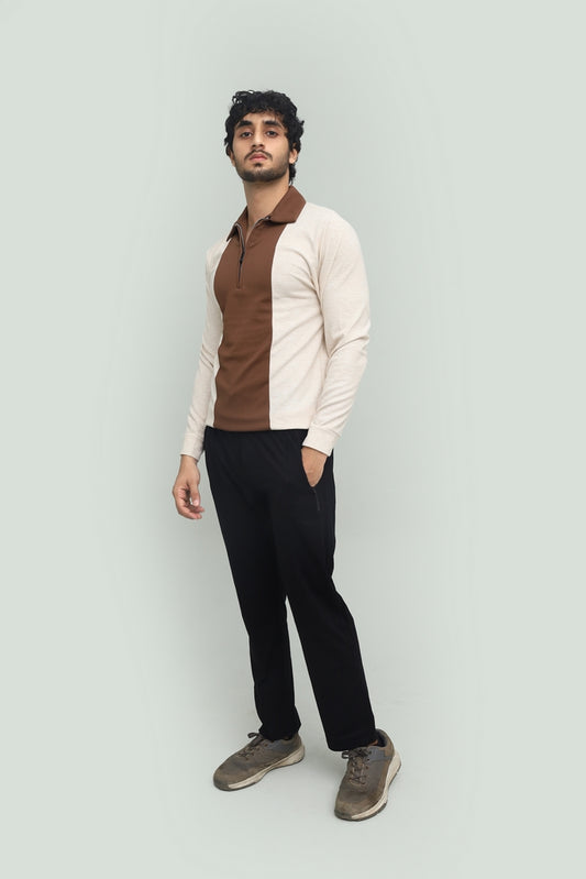 Contrast Zipper Beige & Brown Polo FS