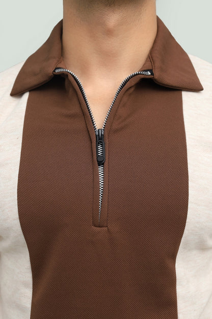 Contrast Zipper Beige & Brown Polo FS
