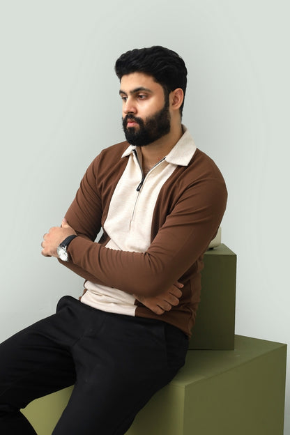 Contrast Zipper Brown & Beige Polo FS