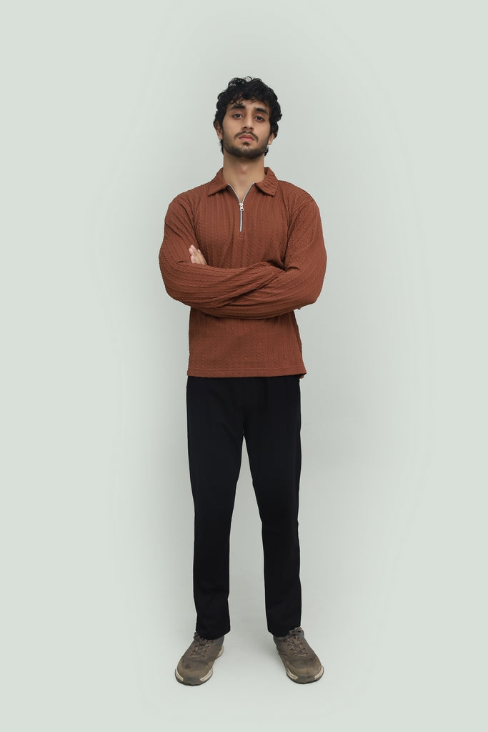 Textured Dark Rosy Brown Zipper Polo FS