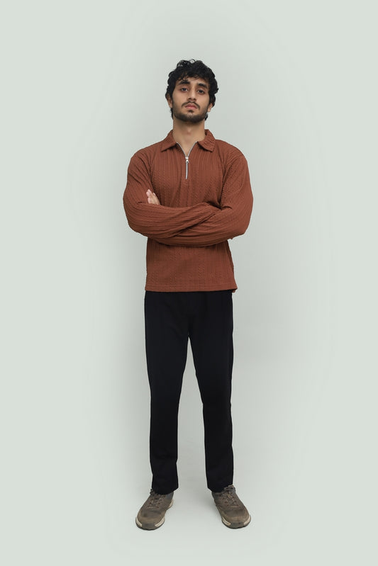 Textured Dark Rosy Brown Zipper Polo FS