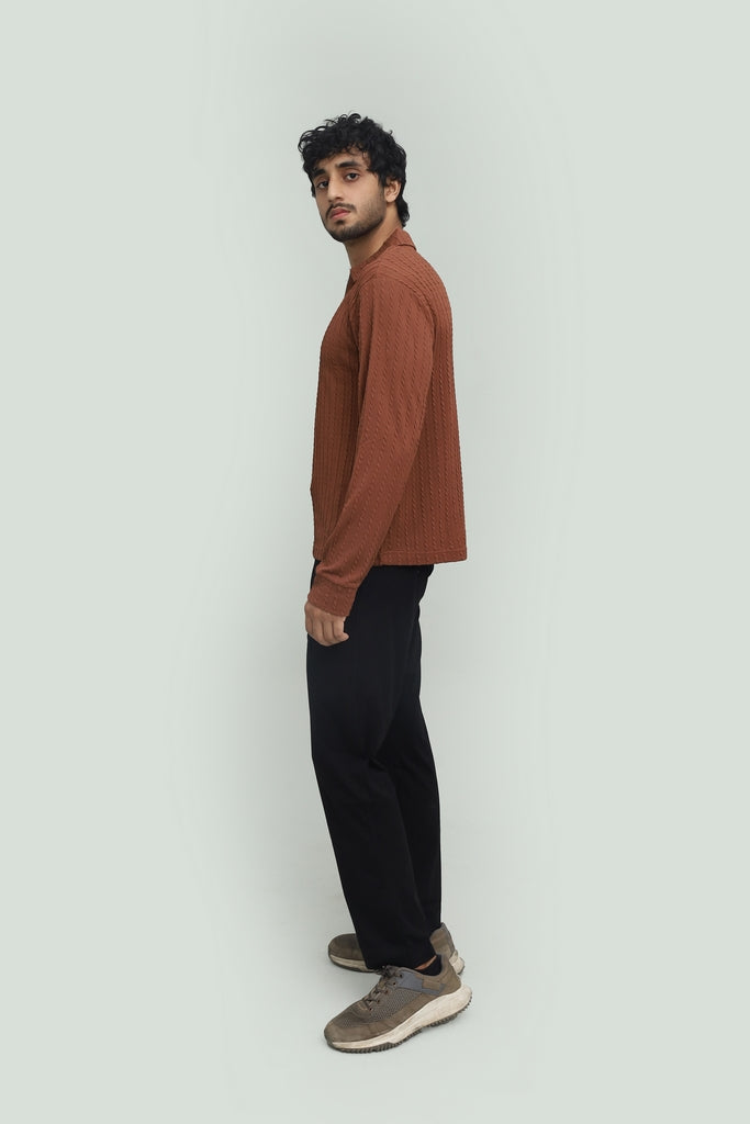 Textured Dark Rosy Brown Zipper Polo FS